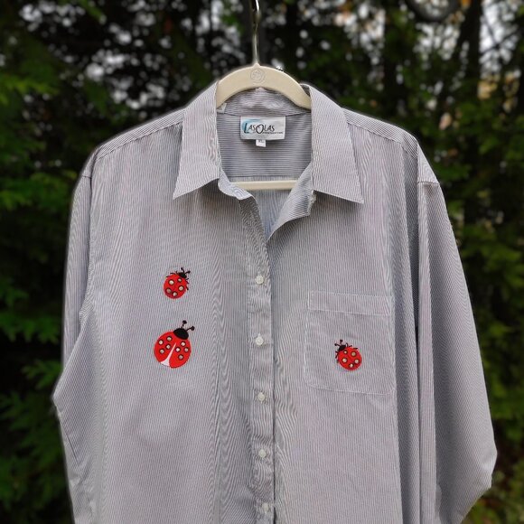 Elegant Gray Striped Button Down Shirt with Ladybug Details - Picture 2 of 3